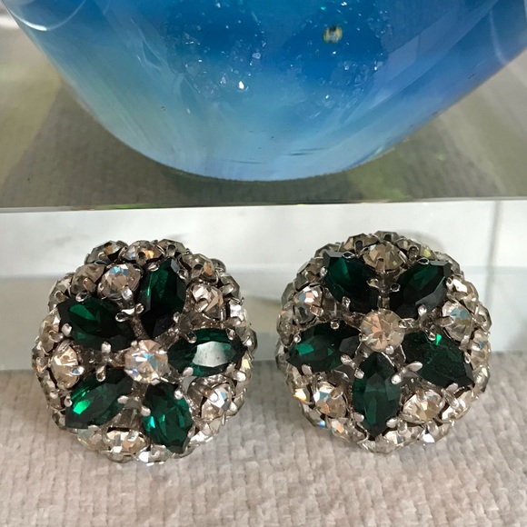 Vintage Rhinestone Emerald and Diamond Earrings - Picture 2 of 8